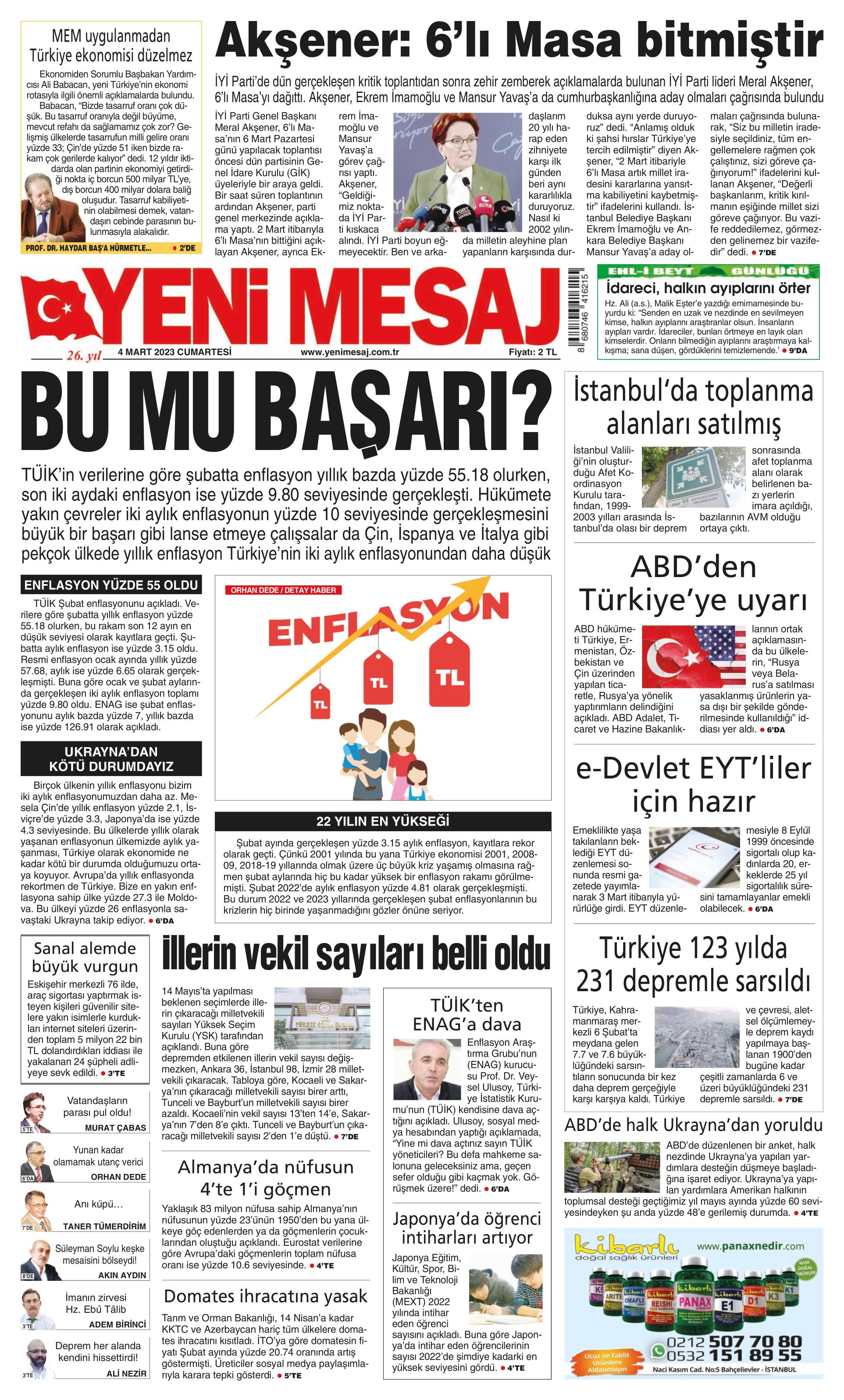 Yeni Mesaj Gazetesi 4 Mart 2023, Cumartesi Günü Manşeti