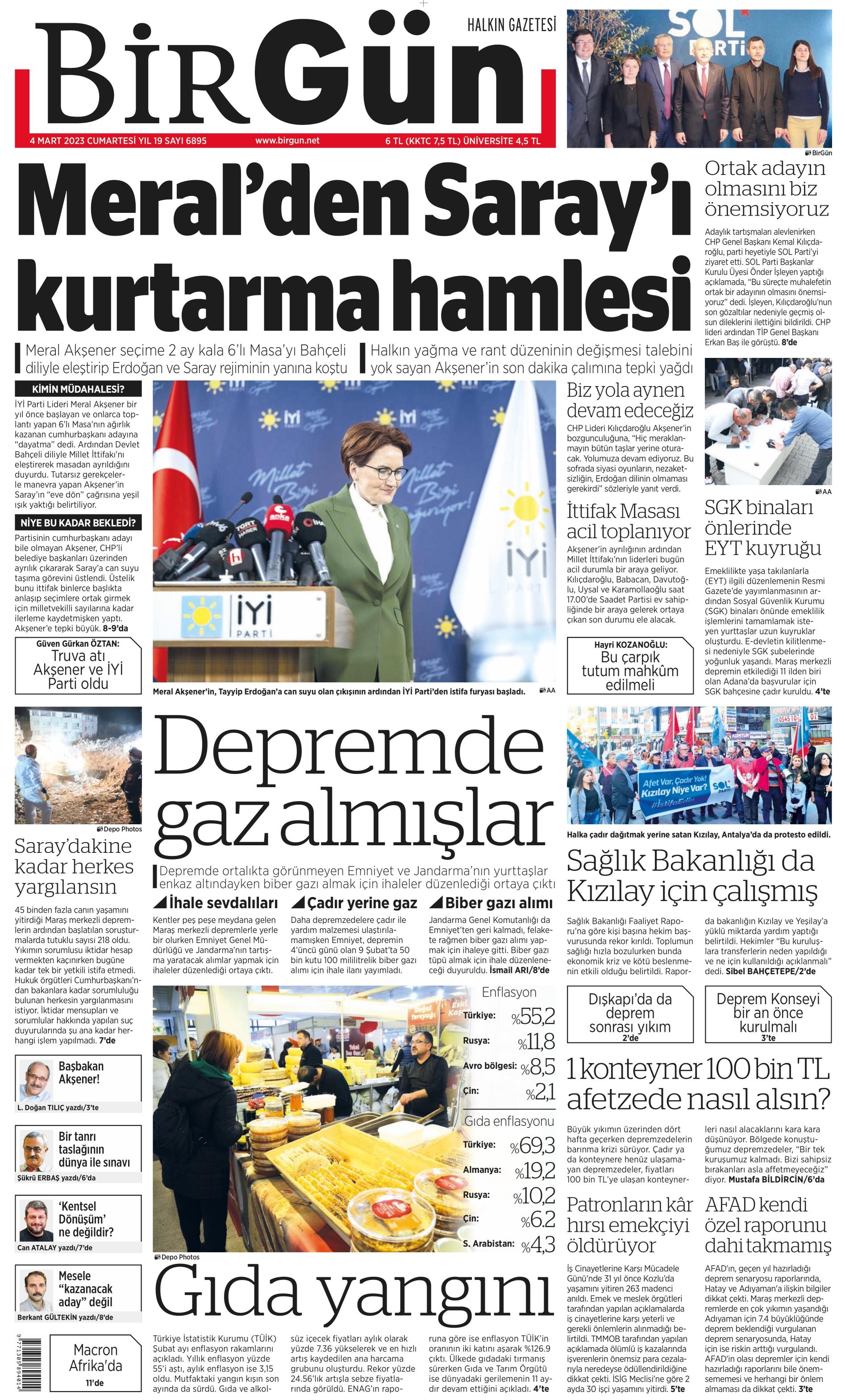 Birgün Gazetesi 4 Mart 2023, Cumartesi Günü Manşeti