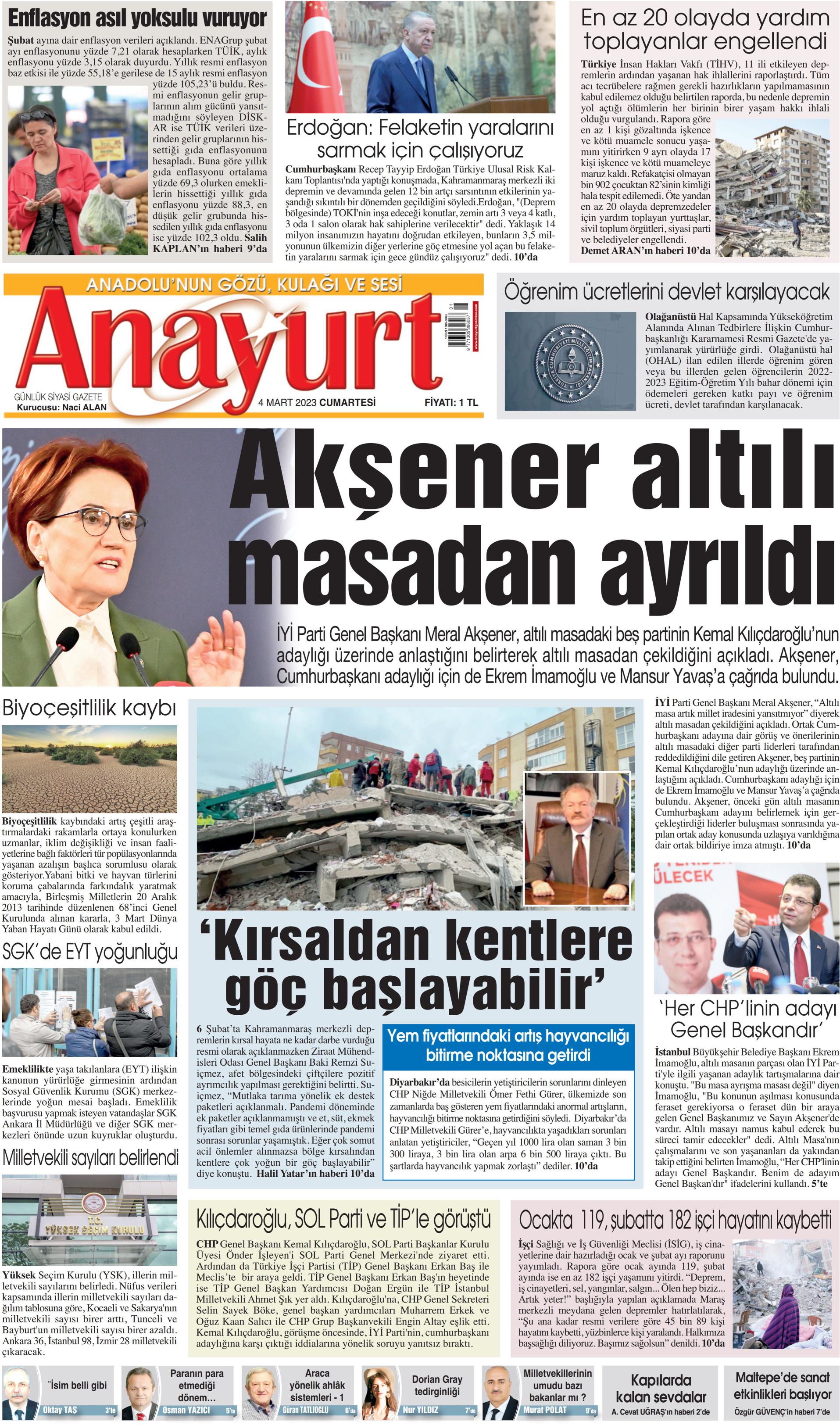 Anayurt Gazetesi 4 Mart 2023, Cumartesi Günü Manşeti