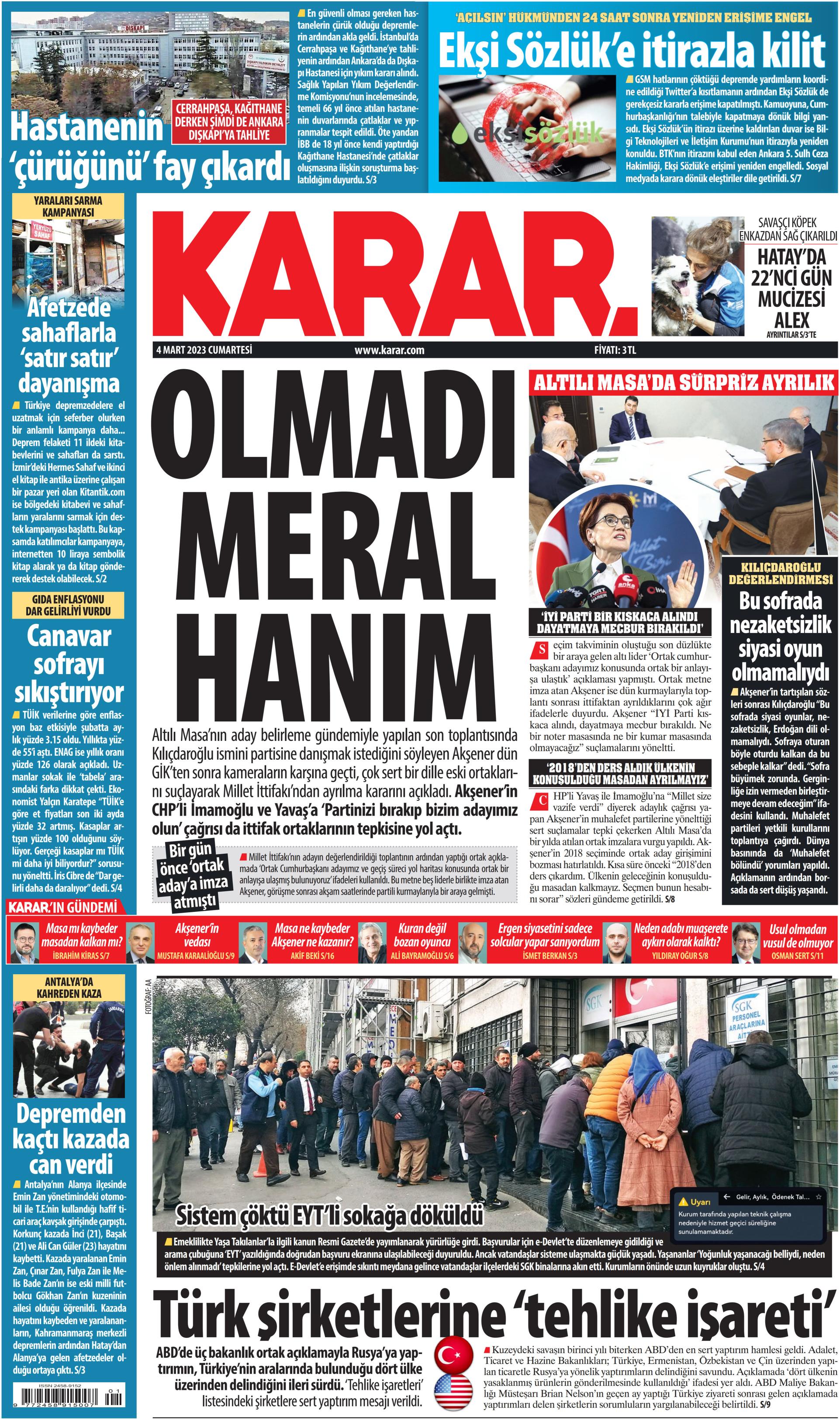 Karar Gazetesi 4 Mart 2023, Cumartesi Günü Manşeti