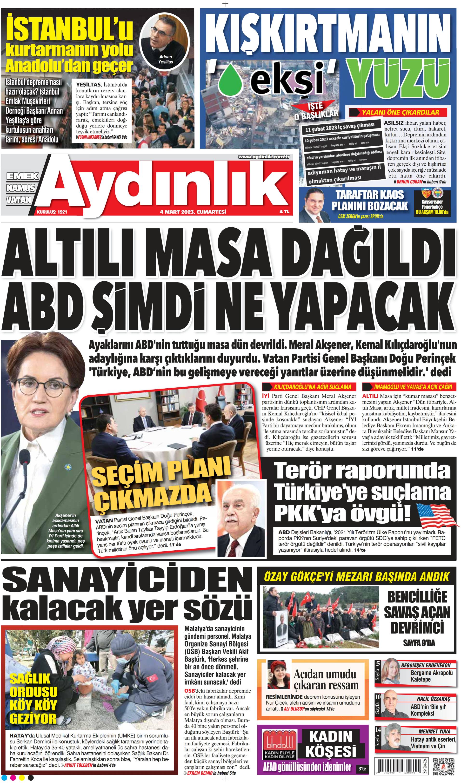 Aydınlık Gazetesi 4 Mart 2023, Cumartesi Günü Manşeti