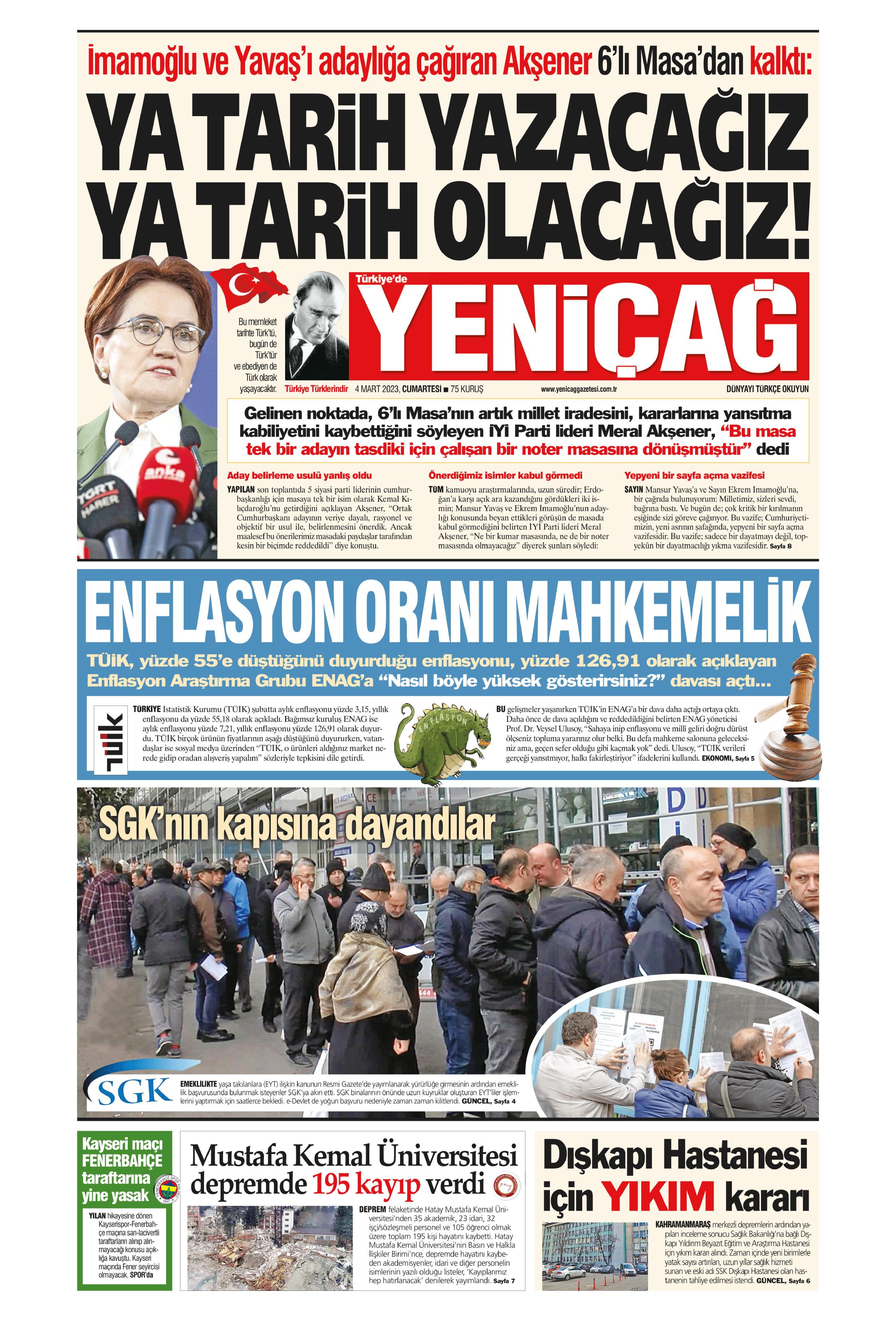 Yeniçağ  Gazetesi 4 Mart 2023, Cumartesi Günü Manşeti