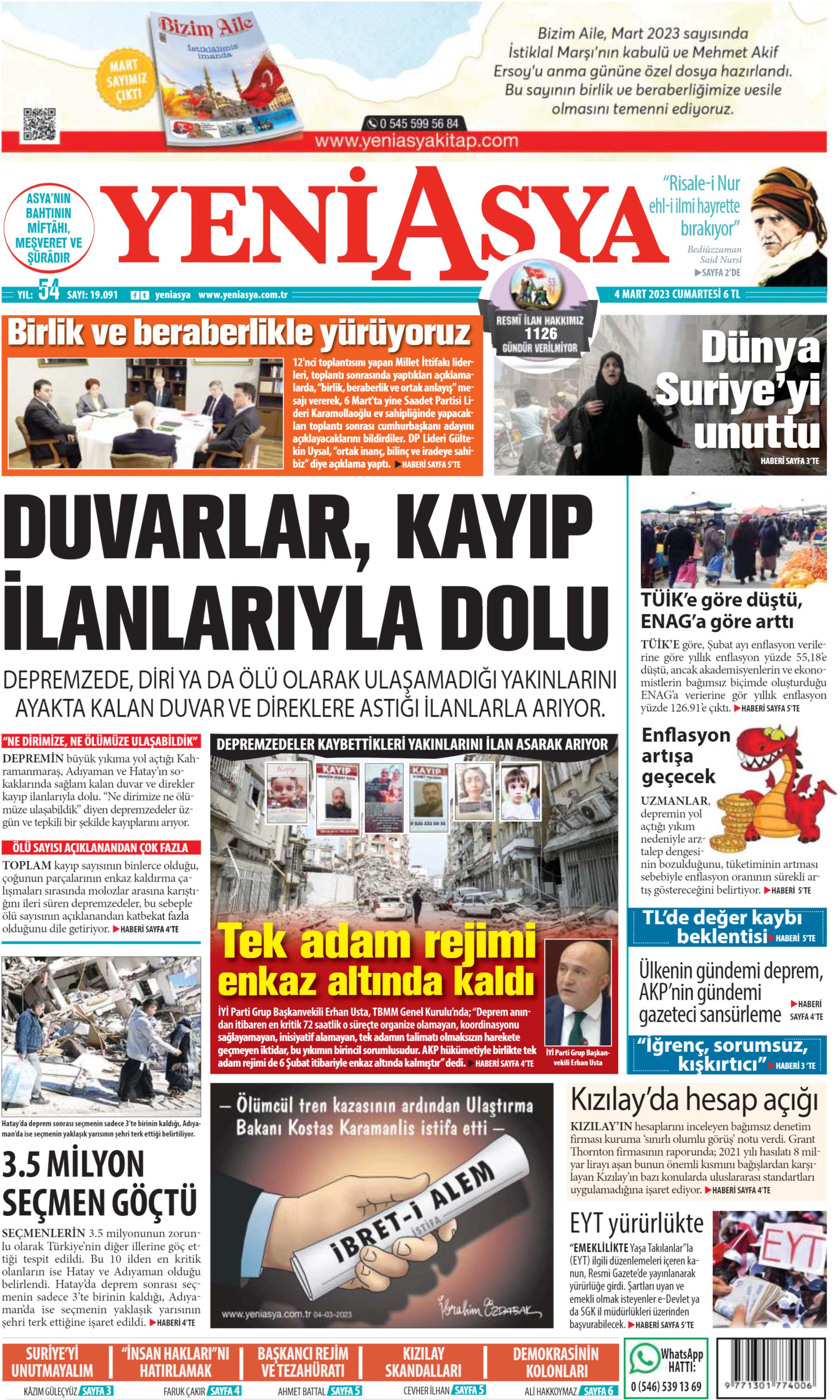 Yeni Asya Gazetesi 4 Mart 2023, Cumartesi Günü Manşeti