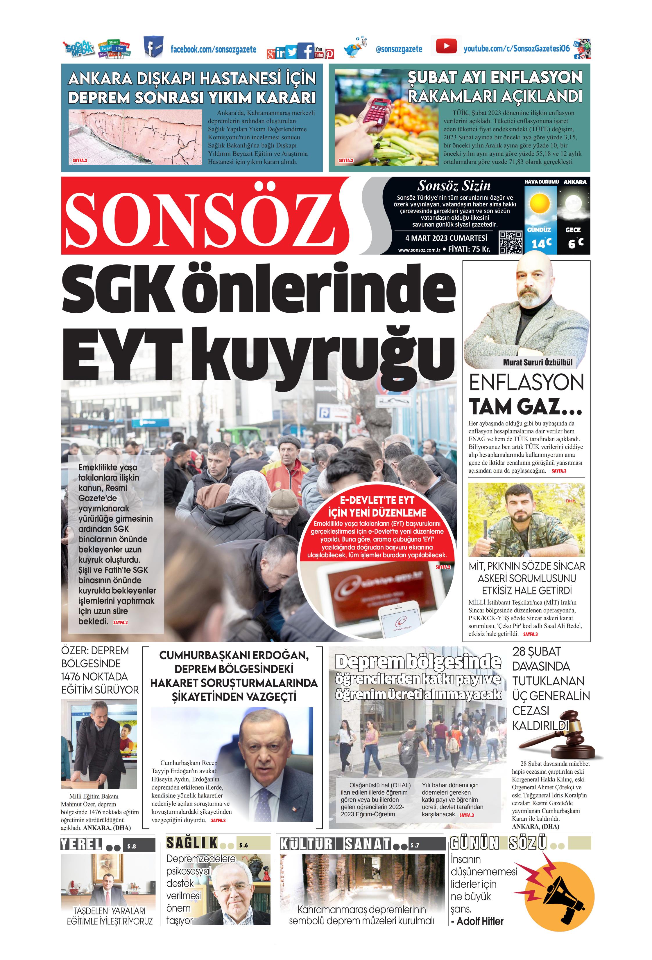 Sonsöz Gazetesi 4 Mart 2023, Cumartesi Günü Manşeti