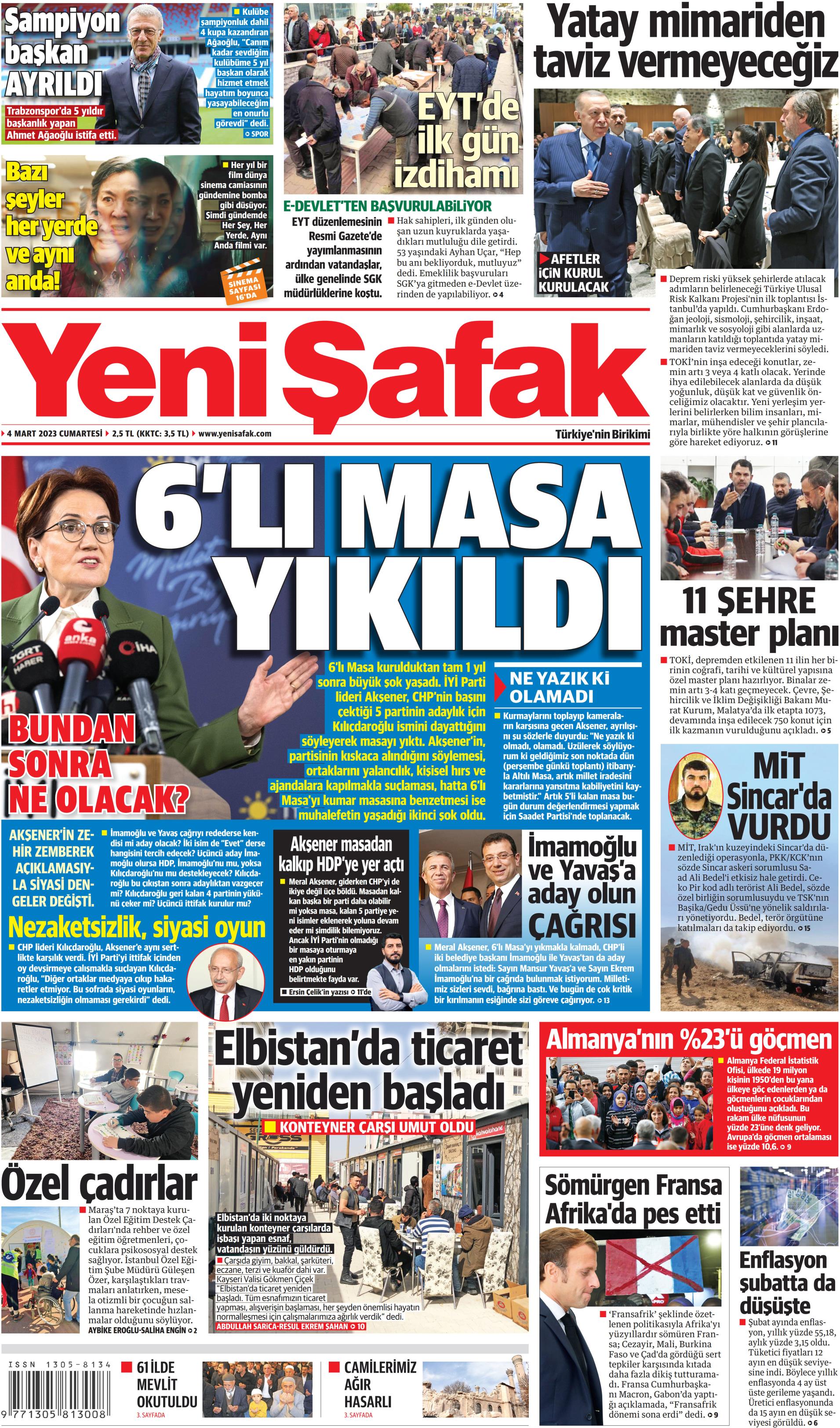 Yeni Şafak Gazetesi 4 Mart 2023, Cumartesi Günü Manşeti