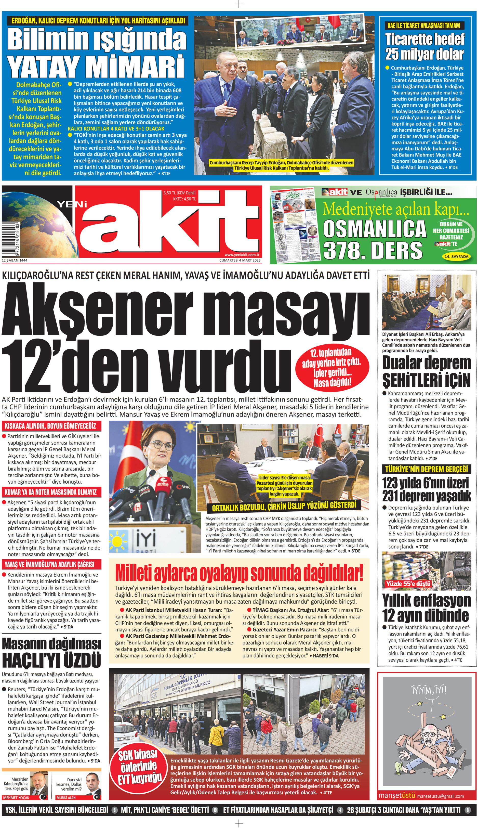 Yeni Akit Gazetesi 4 Mart 2023, Cumartesi Günü Manşeti