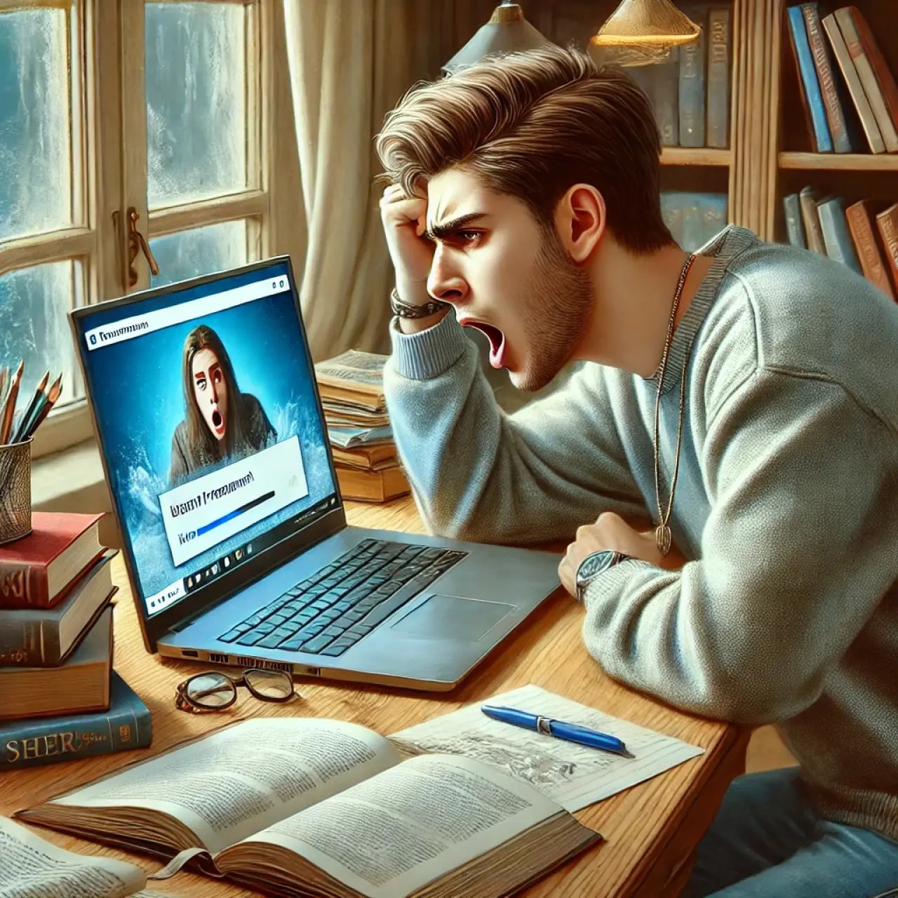 A realistic digital painting of a student struggling with slow internet during an online class. The student is sitting at a desk with a laptop displaying a frozen video call. Books and notes are scattered on the desk, and a frustrated expression is visible on the student's face. The setting is a cozy study room.