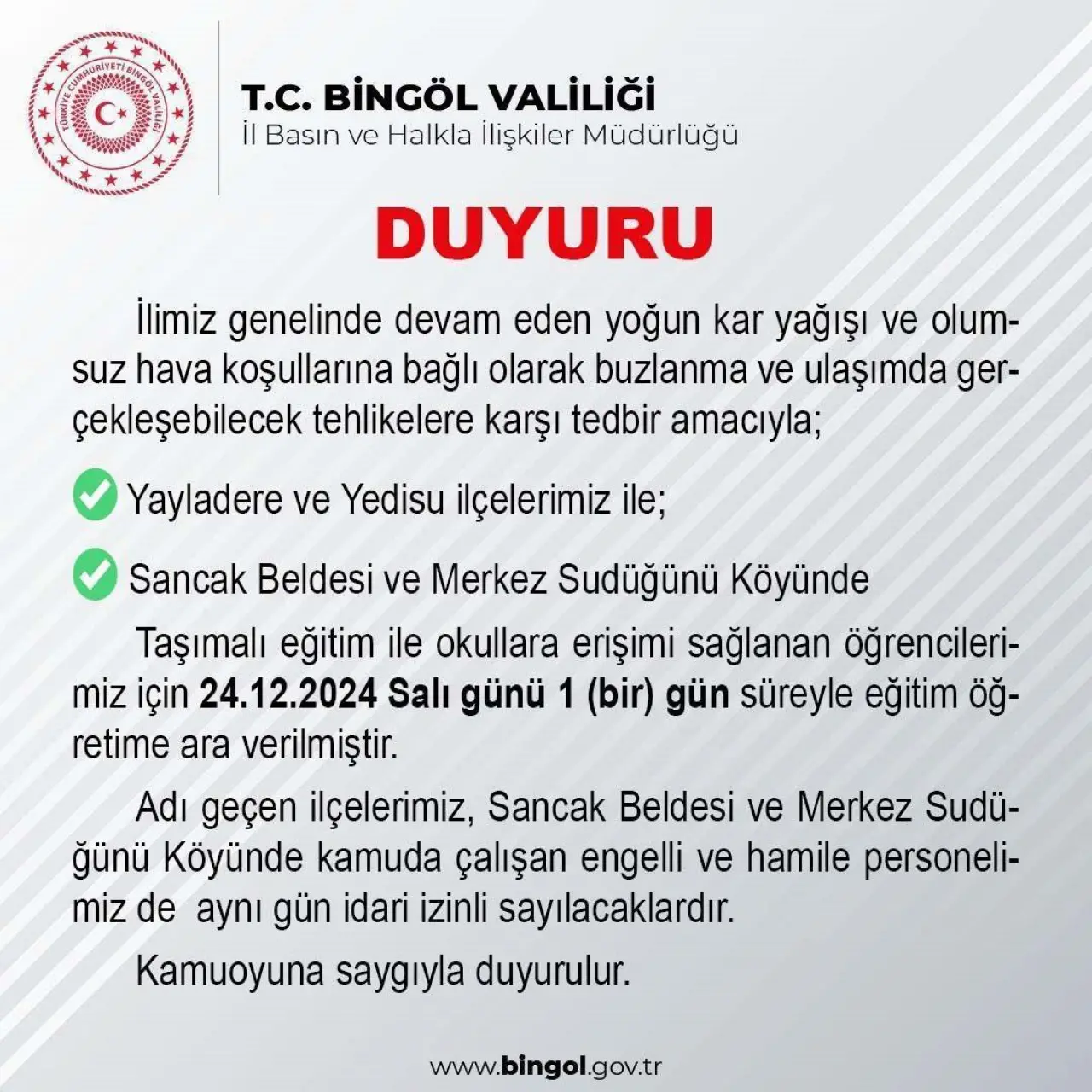 BİNGÖLDE OKULLAR TATİL Mİ